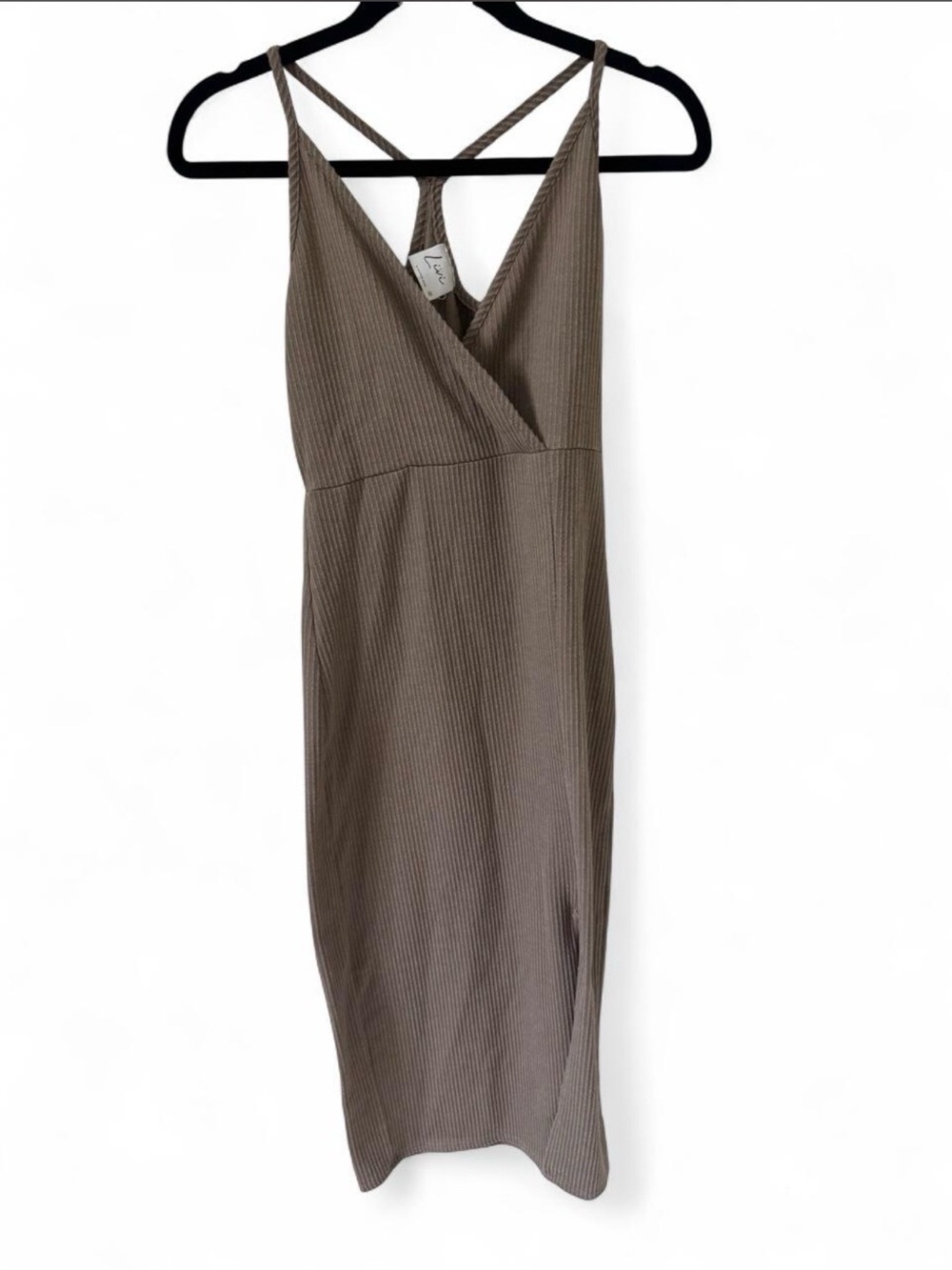 Olivia Rae Ribbed V-Neck Midi Dress - Taupe Brown
